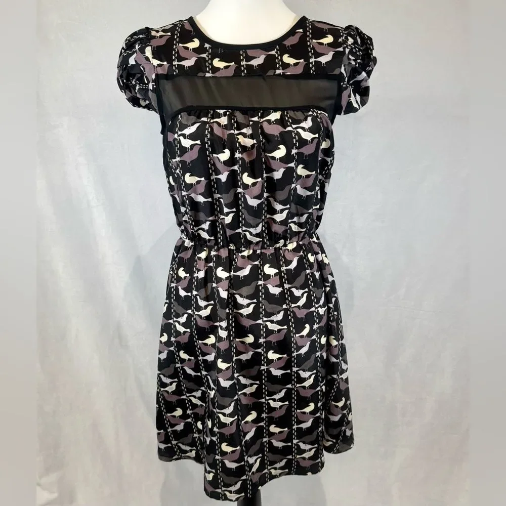 American Rag black and mauve sheer detail bird print dress size small